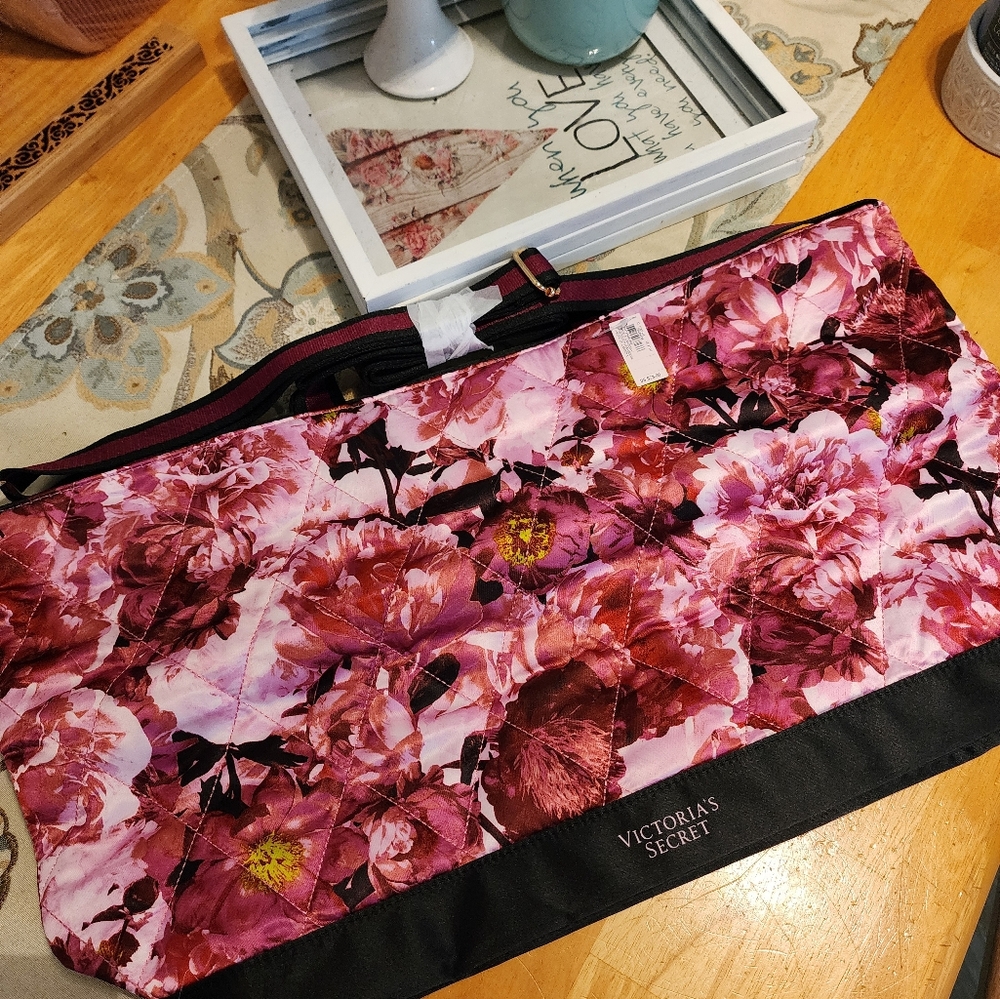 Victoria's Secret Floral Quilted Satin Weekender Tote Travel Bag NWT